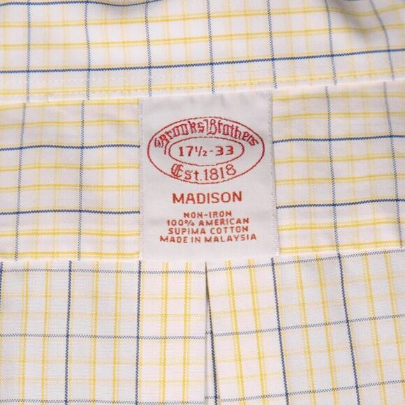 Brooks Brothers Mens Dress Shirt Button Down Yellow Blue Plaid Non Iron 17.5 33 - Picture 2 of 8